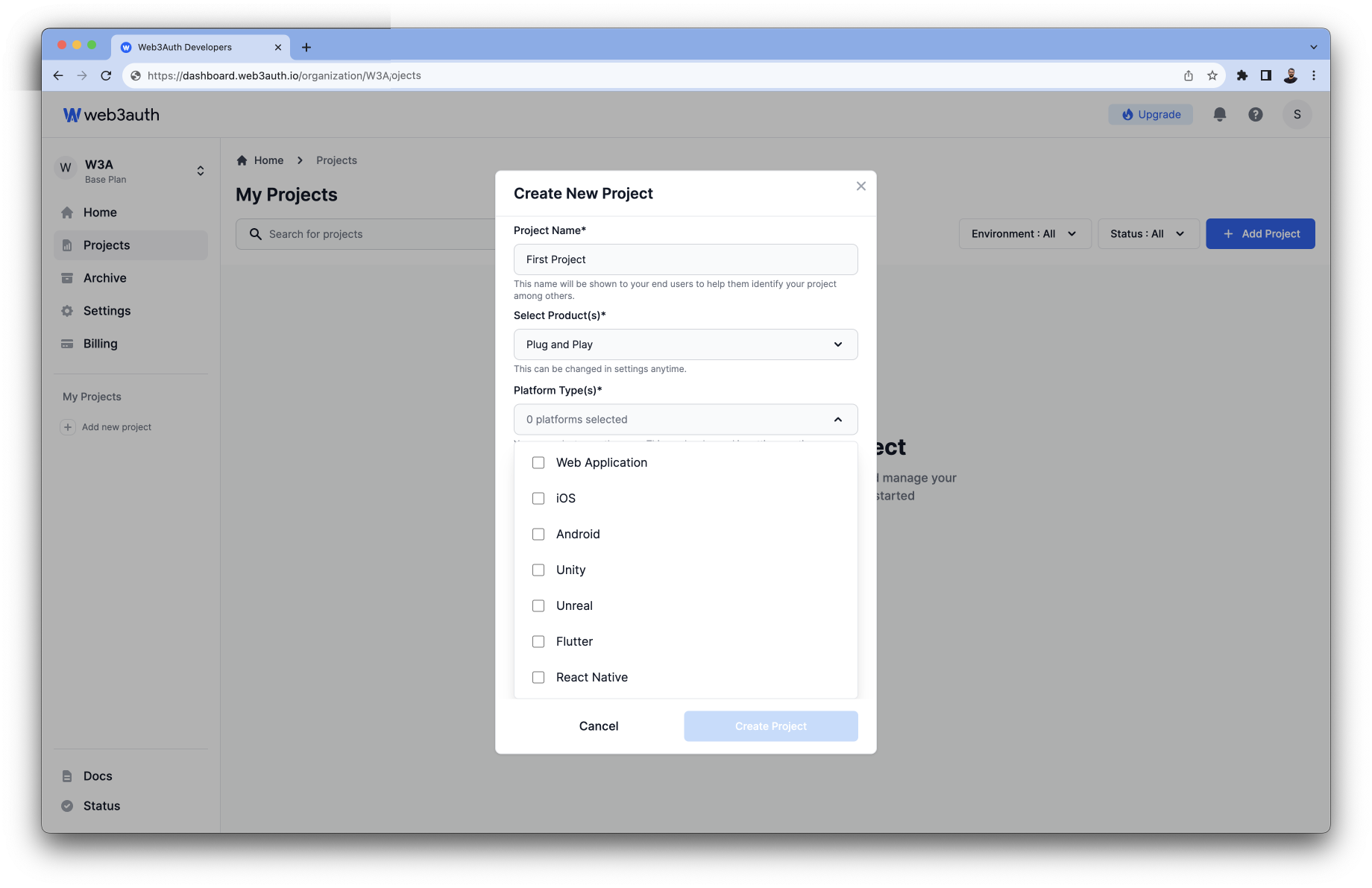 Create Project Platform Type