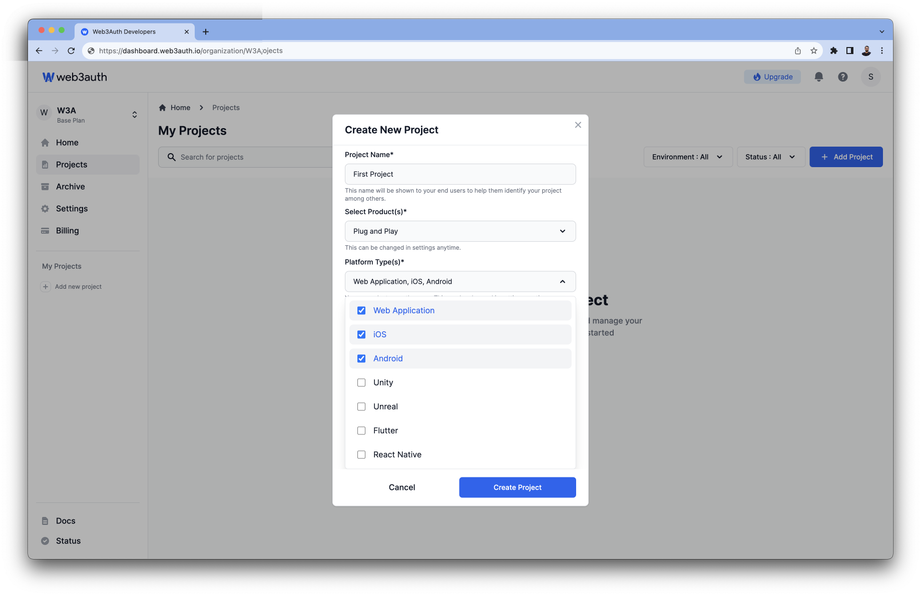Create Project Platform Type Filled