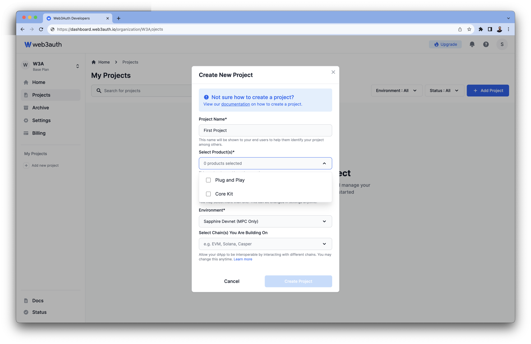 Create Project Select Product