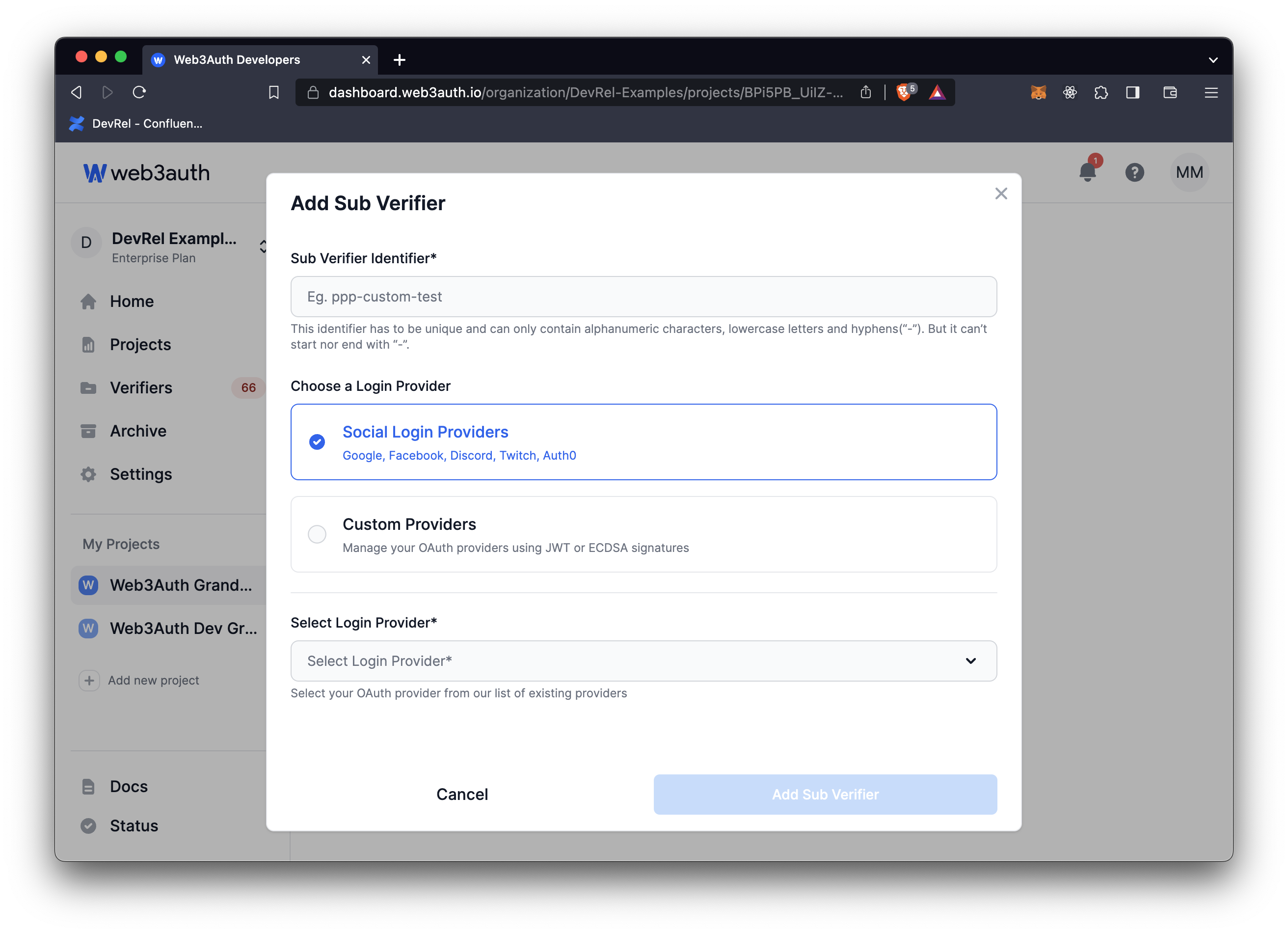 Add first sub-verifier on Web3Auth Dashboard