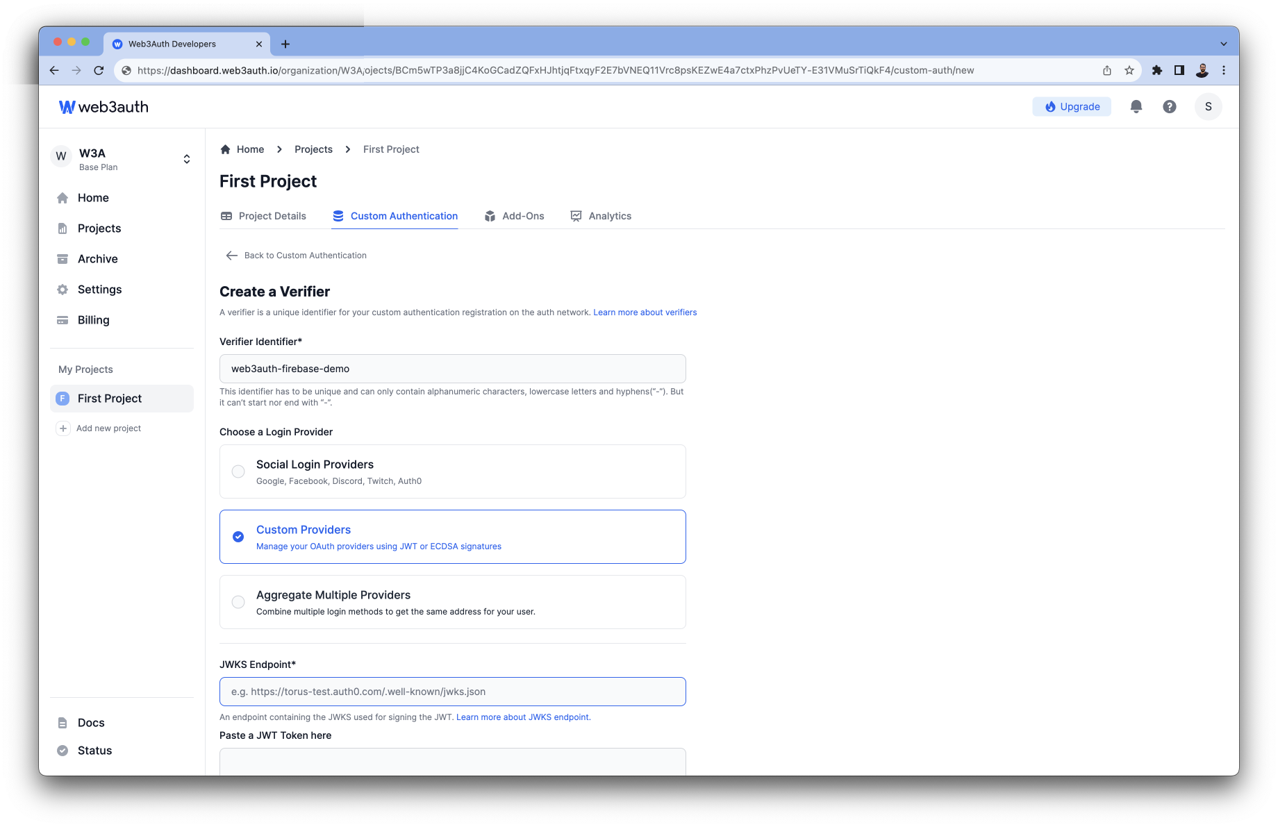 Custom JWT Provider on Web3Auth Dashboard
