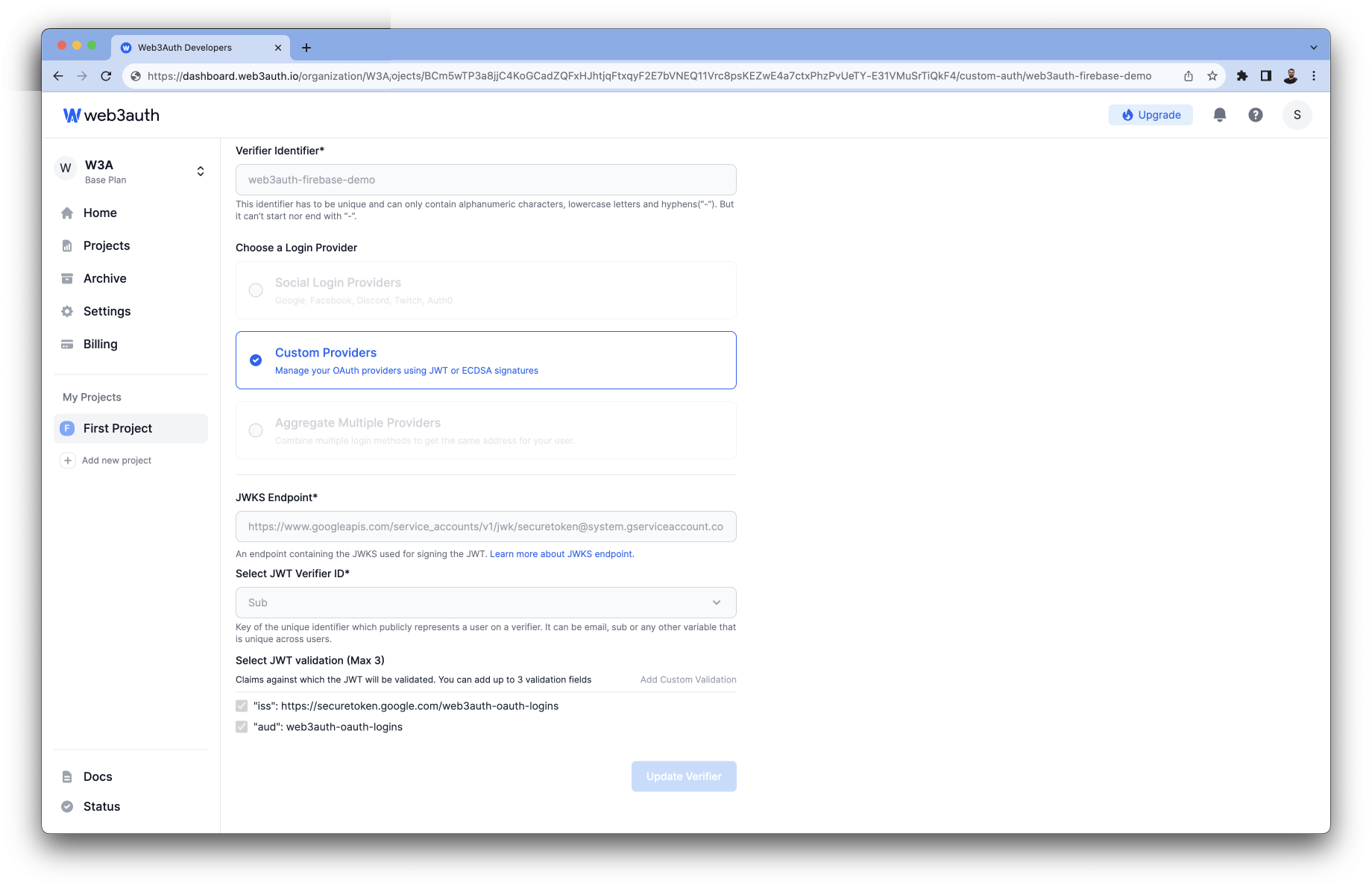 Verifier Modal on Web3Auth Dashboard