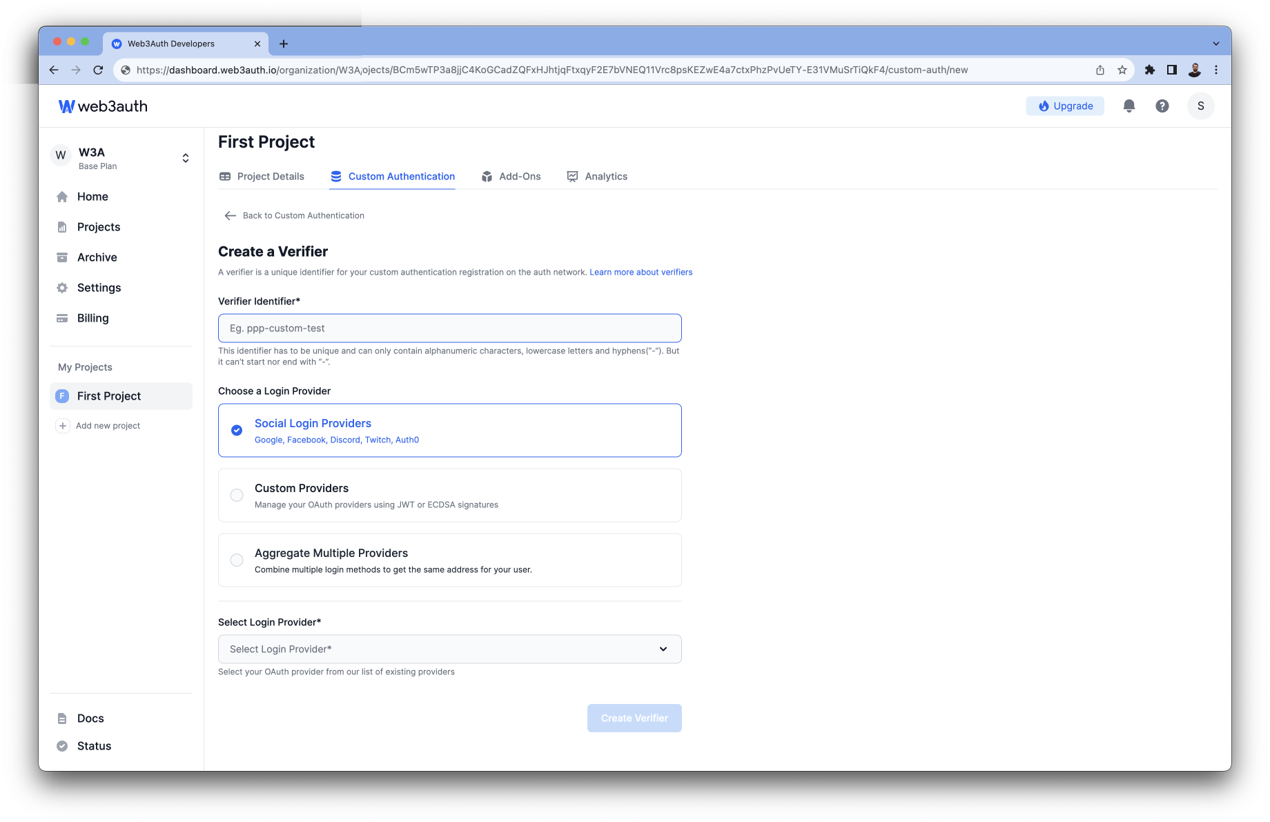 Google - Login Providers list on Web3Auth Dashboard