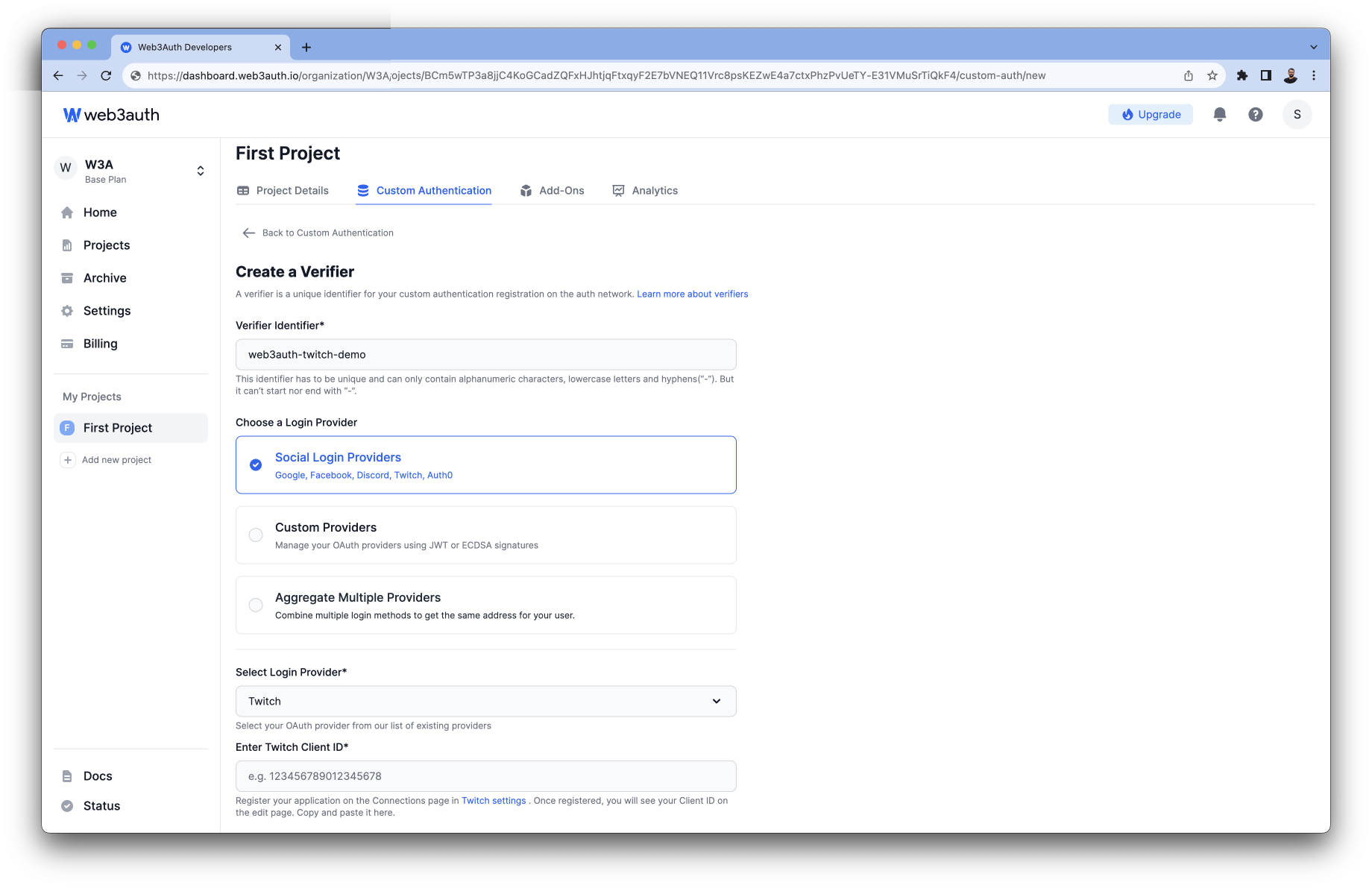 Twitch Client ID on Web3Auth Dashboard