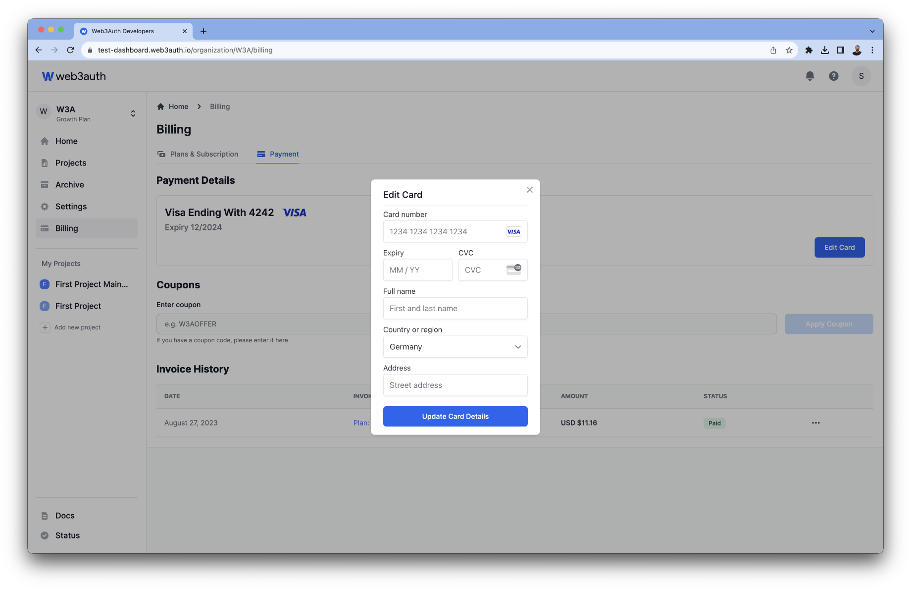 Dashboard Billing Edit Card